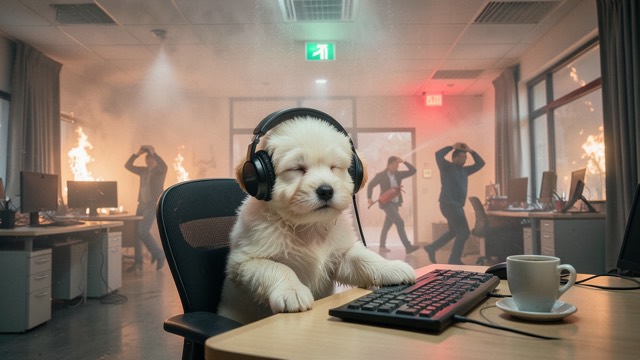 a fluffy puppy in headphones at a desk while the office burns behind it