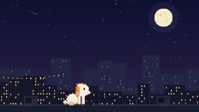 the pixel puppy sitting on a rooftop under a full moon