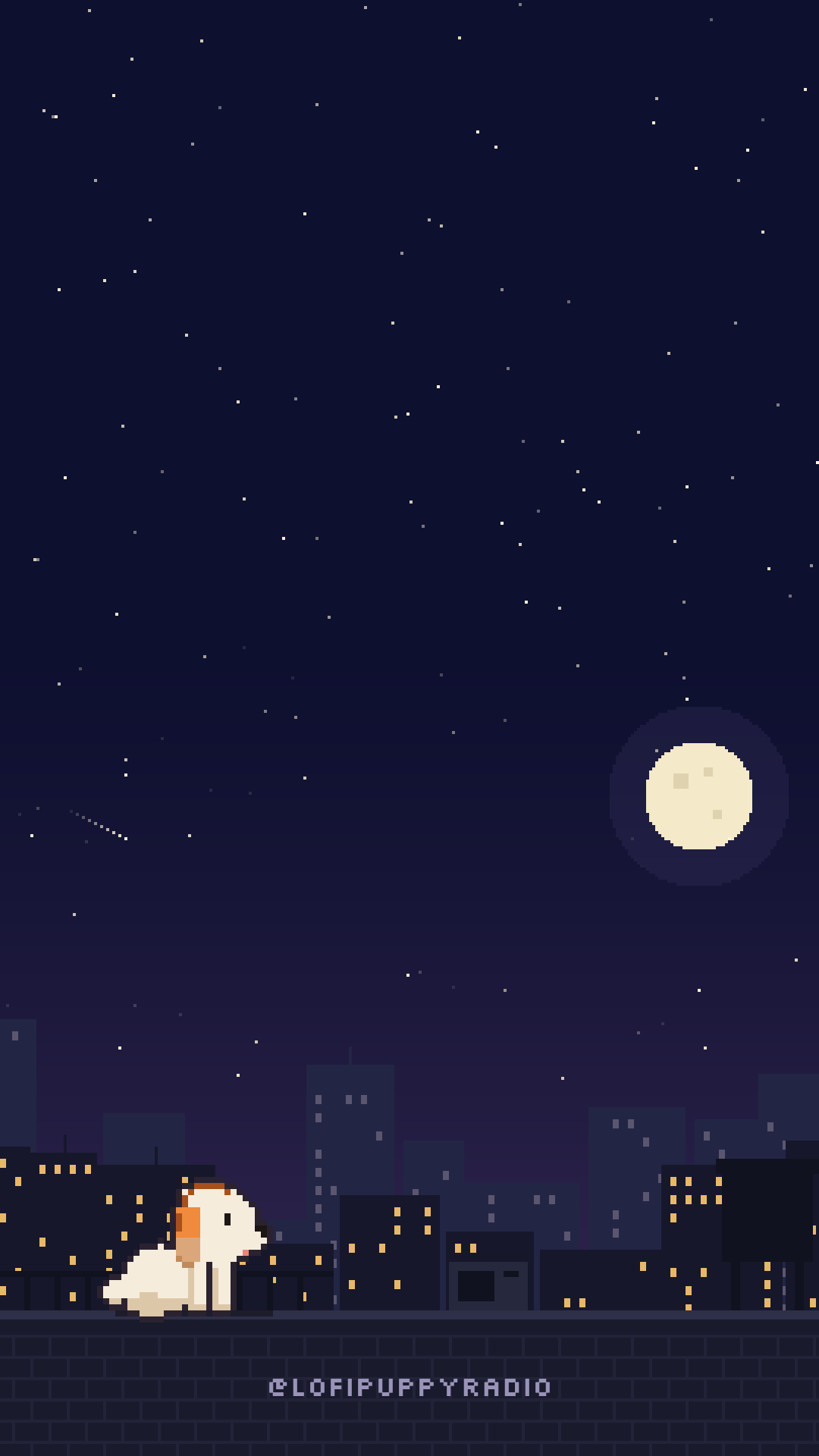 pixel puppy sitting on a city rooftop at night, watching the full moon