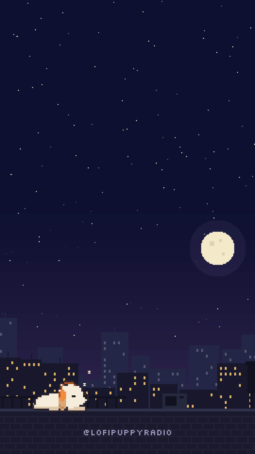 pixel puppy curled up asleep on a city rooftop at night
