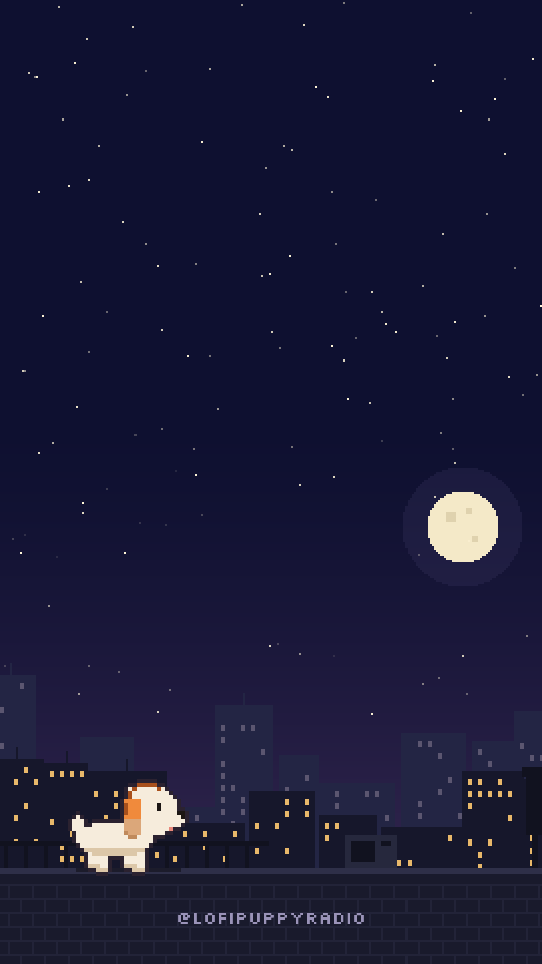 pixel puppy walking along a city rooftop under the stars